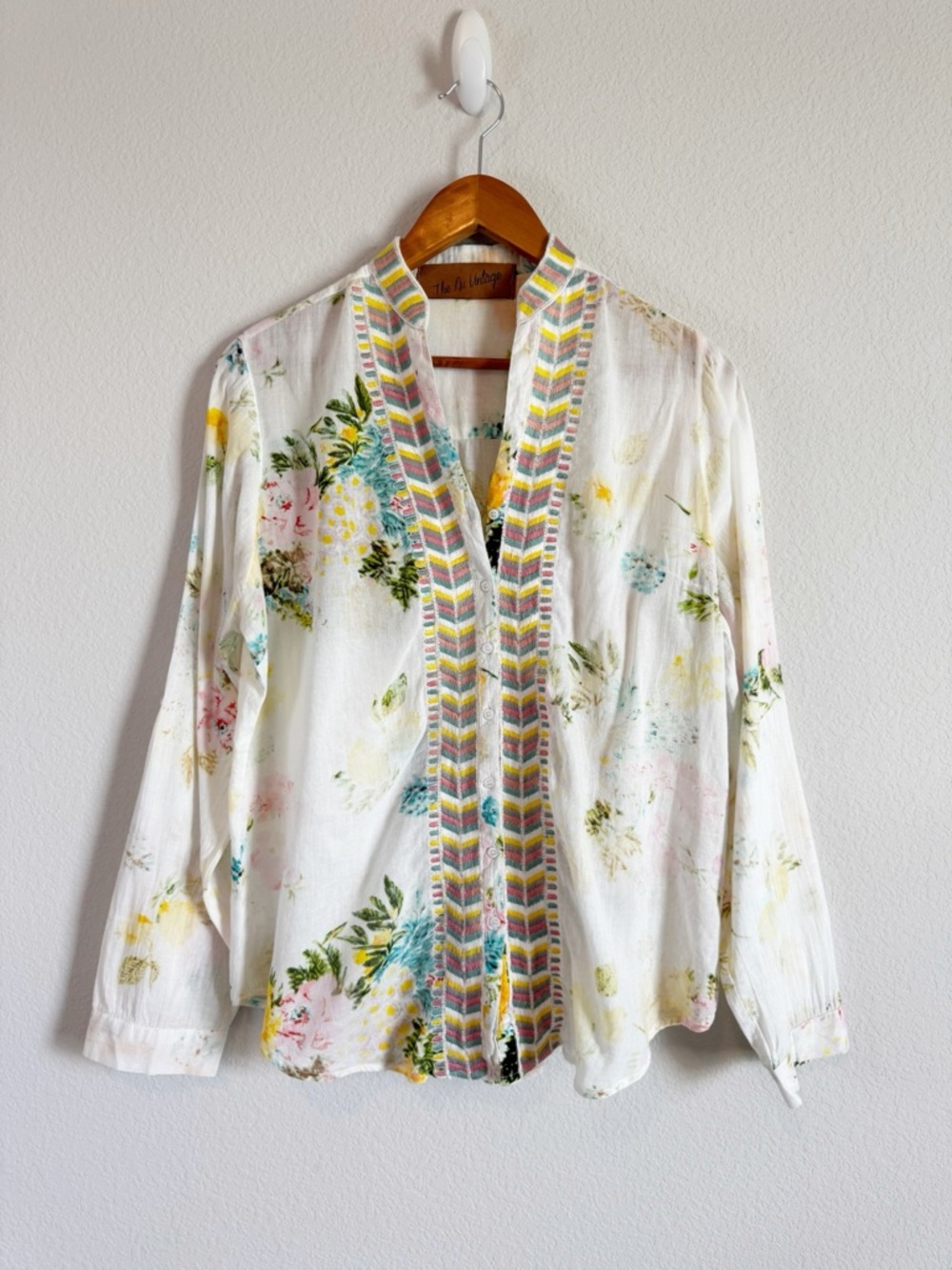 The Nu Vintage Floral Print Embroidered Boho Romantic Delicate Button Down Top L
